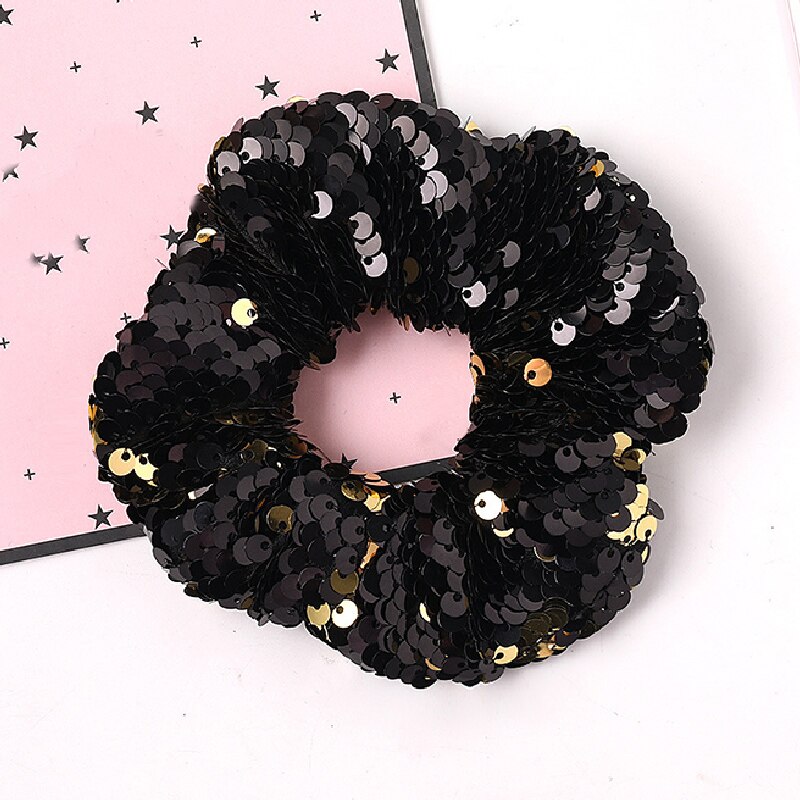 Paljett hår scrunchie glitter hårslipsar färgglada elastiska hårband vändbara paljetter scrunchies för flickor kvinnor håraccessoarer: Svart