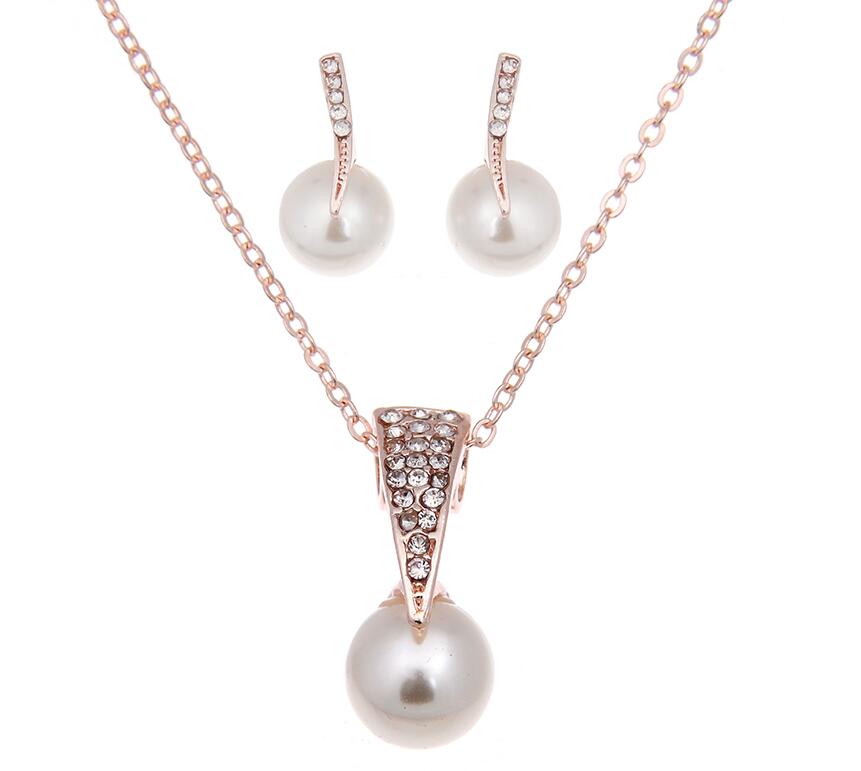 n480 Women Jewelry Set Crystal Simple Alloy Imitation Pearls Necklace Earrings Wedding Jewelry Set