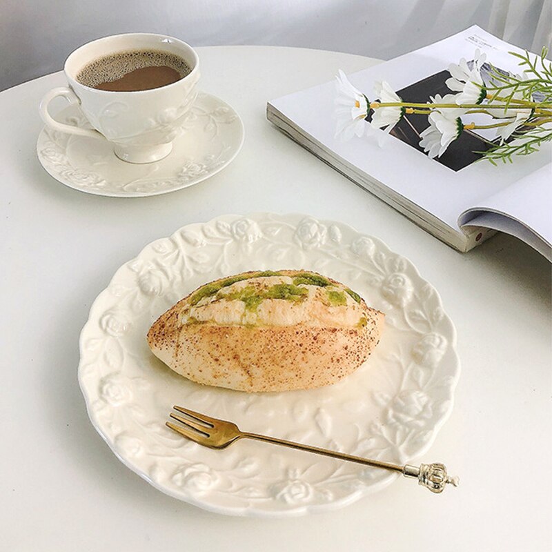 French Style Vintage White Snack Plates Ceramic Embossed Dessert Bread Trays Cake Dishes Bridal Shower Wedding Party Tablewares