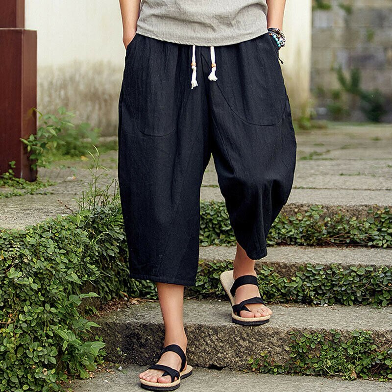 Sommer menn fritids sport cargo overall bukser joggebukser cropped legglengde løs linbukser med elastisk midje: Svart / Xl