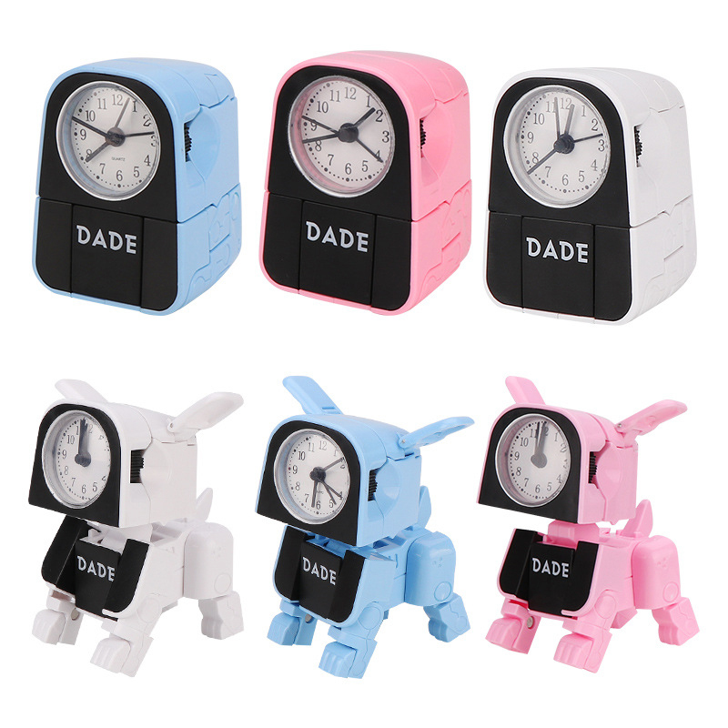 para estudiantes chico lindo Mini reloj de alarma de dibujos animados Perro Robot Reloj de escritorio divertido Reversible de juguete dormitorio despertar reloj aguja de reloj