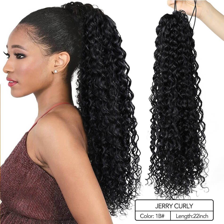 Beauty On Line Jerry Curly Clip in Ponytail Extension 22 Inches Synthetic Drawstring Curly Hair Piece Black Brown Ombre Color: Natural Black