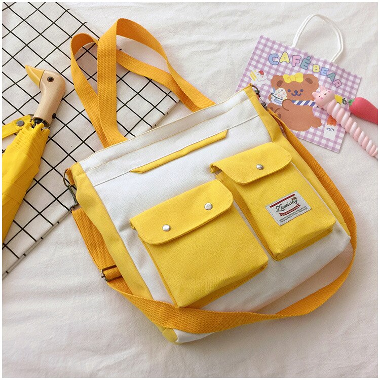 Women&#39;s Double Pocket Canvas Bag Trend Single Shoulder Bag with Lid Zipper Messenger Bag Tote Bag Student Tuition Bag