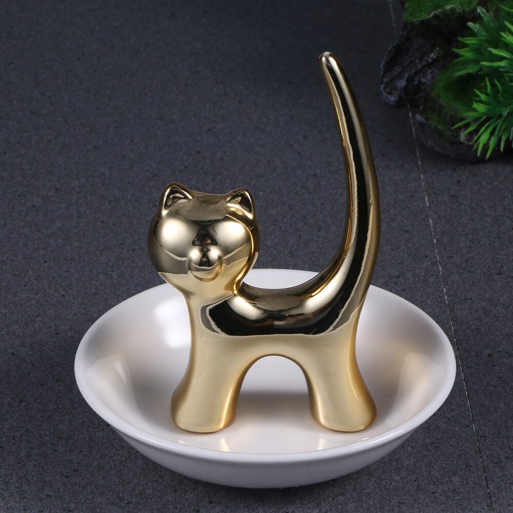 Plato de cerámica con forma de gato dorado para almacenamiento de joyas, bandeja decorativa para anillos, adorno de escritorio para pulsera, pendientes, collar