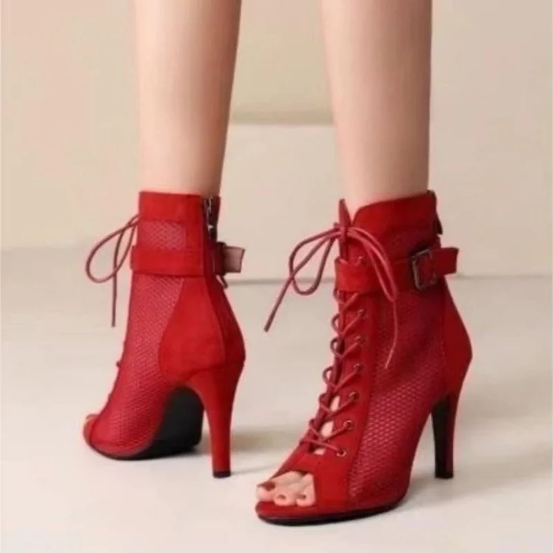 Neue edle hochwertige Jazz-Tanzschuhe für Damen, sexy rote Absätze, Stiefeletten, Peep-Toe-Reißverschluss, Indoor-Tanzsandalen: 40