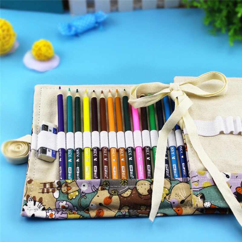 Kawaii Cat Roll Pencil Case Canvas 36/48/72/108 Holes School Pencilcase Penalty for Boys Girl Pen Bag Case Stationery Pouch