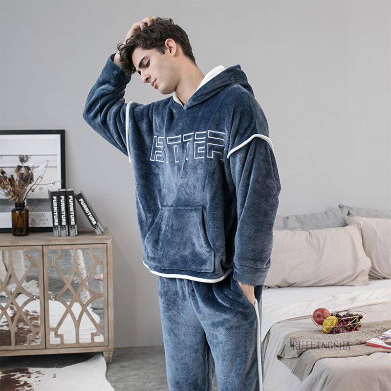 Pijama de franela con capucha para hombre, conjunto de 2 unids/set/conjunto de ropa de dormir gruesa y cálida para parejas, trajes informales sueltos para el hogar