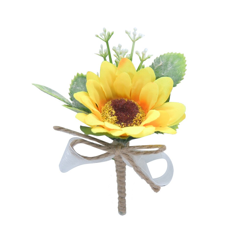 JaneVini – Bouquet de mariée tournesol jaune, fausses fleurs, feuilles vertes, roses artificielles, broches de mariée,: Corsage