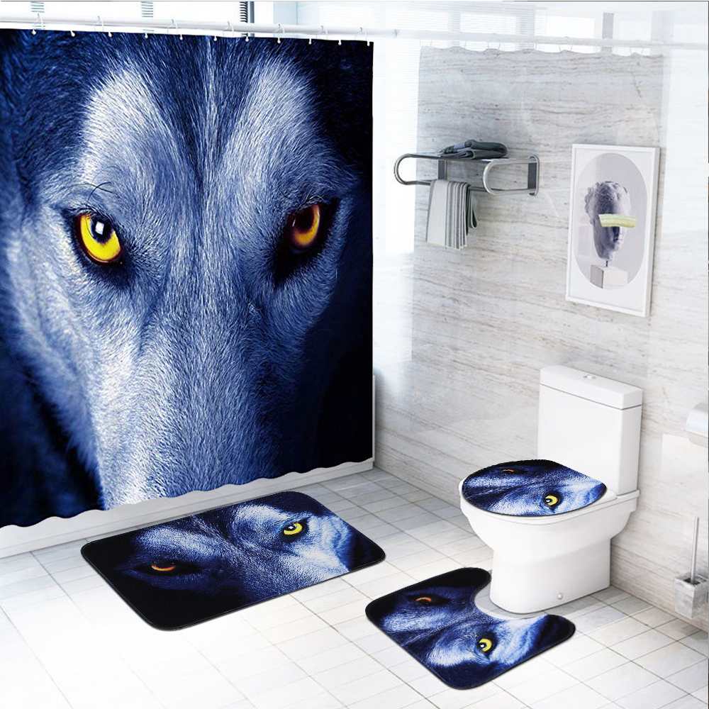 180x180cm 1 Pc/3 pièces/4 pièces blanc loup attrapeur de rêves yeux de loup avec 12 crochets salle de bain rideau de douche tapis de toilette couvercle tapis ensembles de rideaux