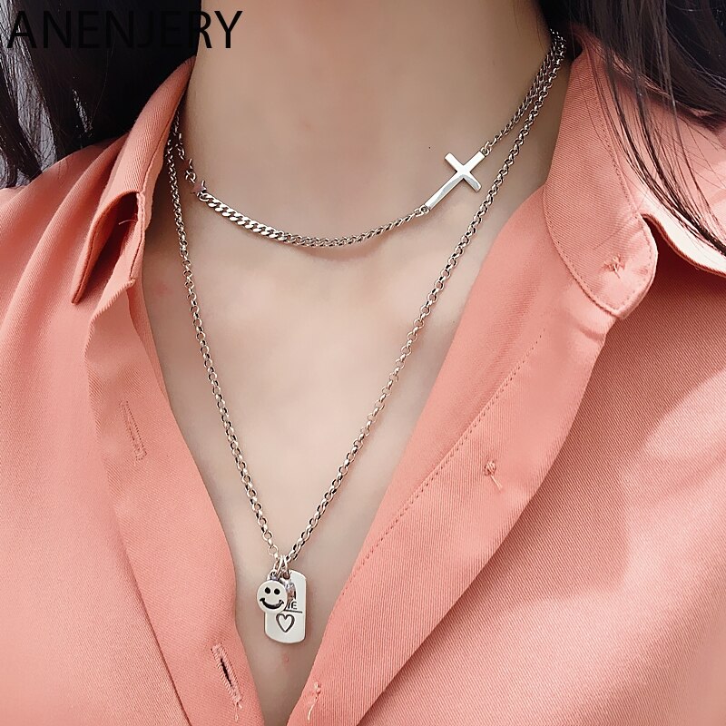 ANENJERY Handmade Square Letter Smiling Pendant Sweater Necklace Cross Clavicle Chain Hip-hop Punk Jewelry S-N628