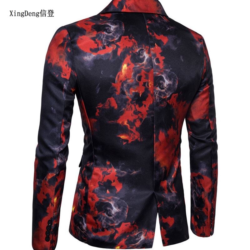 Xingdeng casual blazer herre slim fit jakke mønster trykt blaser homens herre blazer personality jakke rød blå m -3xl