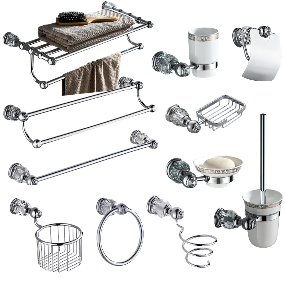 Silver polerad badrumsutrustning set solid mässing handduk ring väggmonterad hårtork hållare med kristall badrumstillbehör