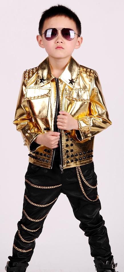 Baby boy clothes Gold children leather jacket rivet zipper stage dance clothes modis kids Hip hop outerwear Y1232