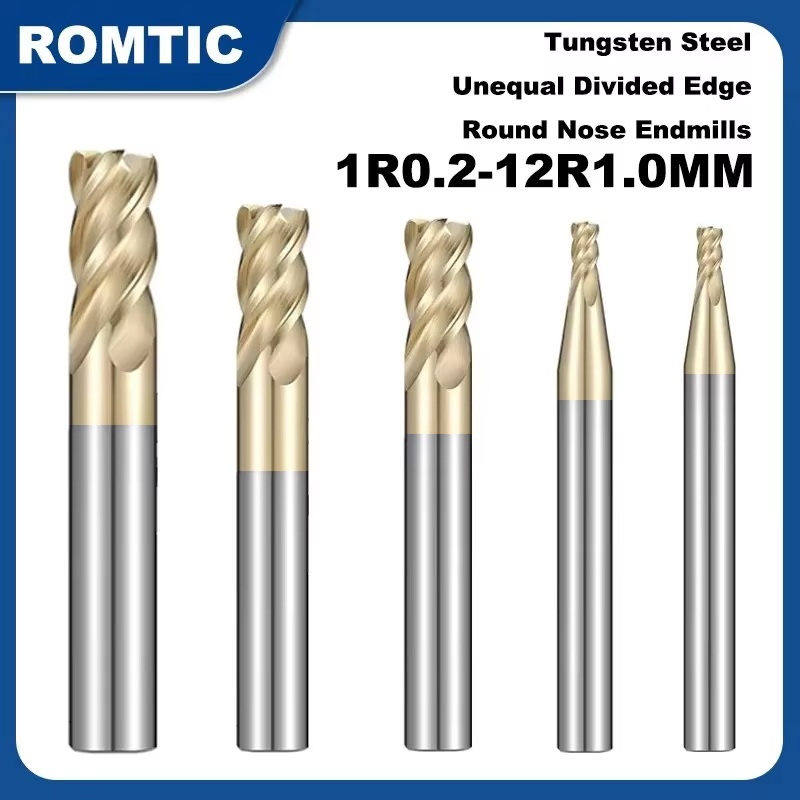 ROMTIC 4F Tungsten Steel Carbide Milling Cutter Titanium Alloy Unequal Divided Edge Round Nose Endmills CNC Machining Center