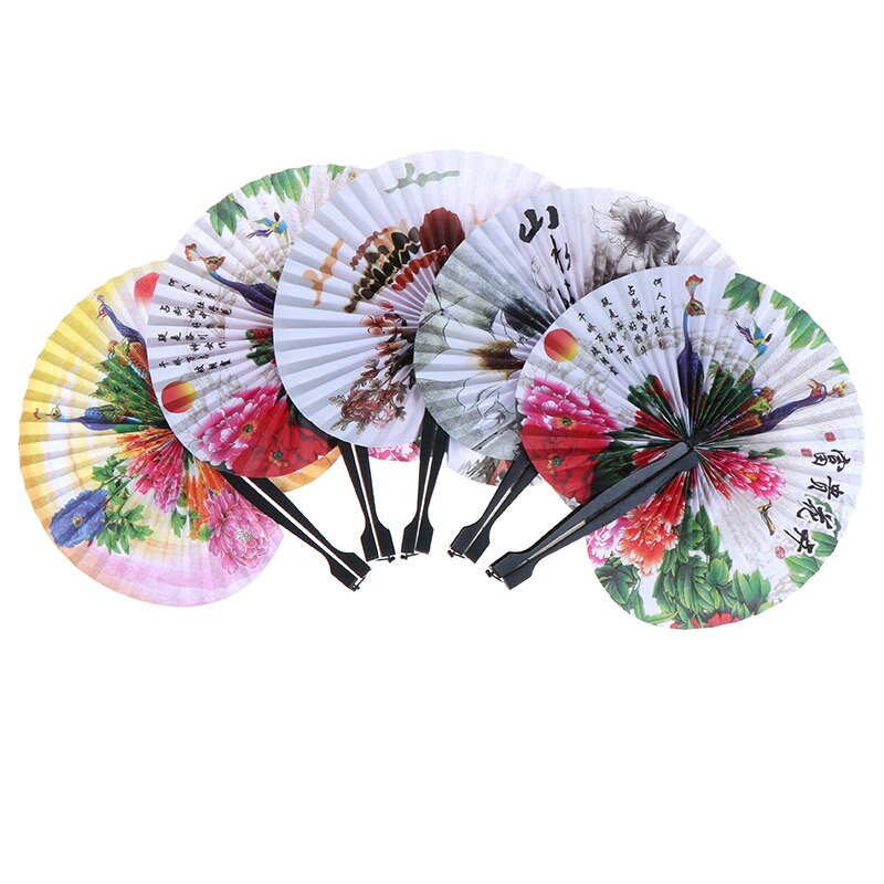 1 Piece Foldable Paper Fans Hand Held Folding Fans Retro Windmill Small Round Paper Fan Chinese Style Hand Fan Wedding