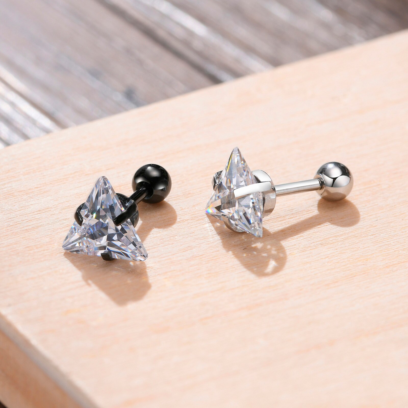 Small Triangle Stud Earrings in Stainless Steel, Cubic Zirconia, Geometric Minimalist