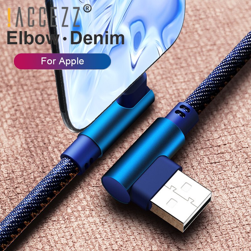 !ACCEZZ 90 Degree Denim USB Charge Cable For iPhone X XS MAX XR 8 7 6 6S 5S Plus Lighting Charging Data Cable For Ipad Mini 1 2M