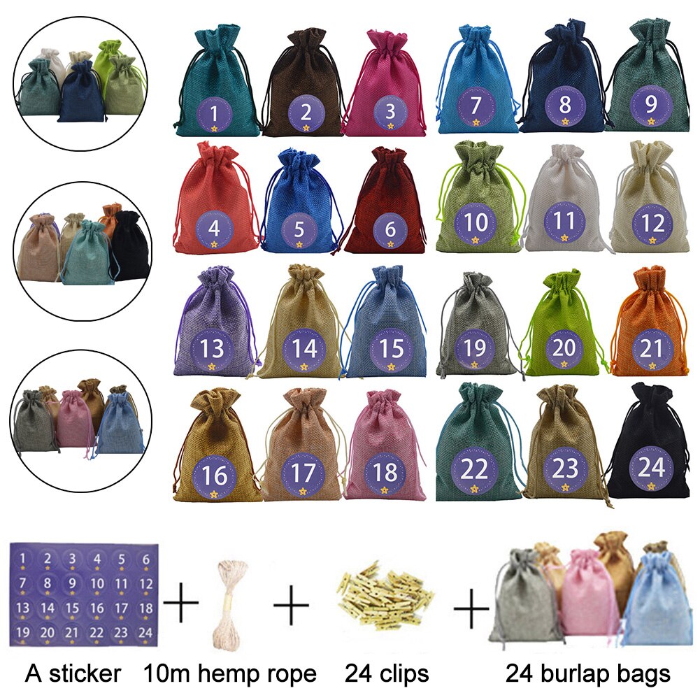 24 stuks 10*14cm advent kerstkalender vulling snoep linnen zakjes zakjes jaar kleine stoffen zakje