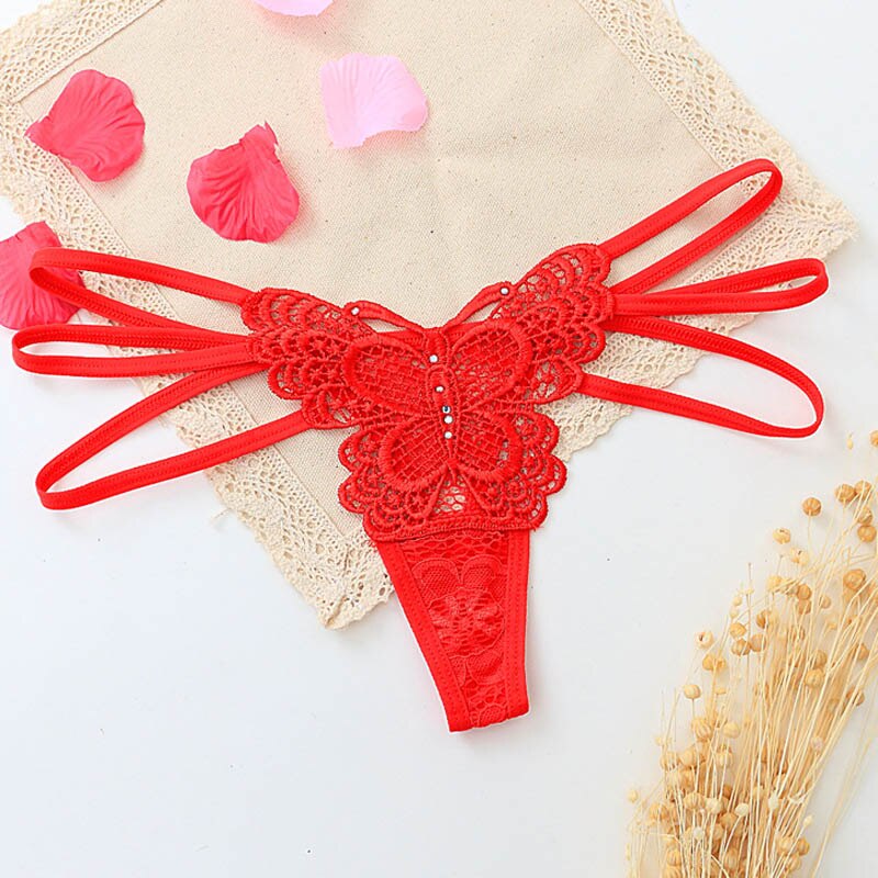 Underwear Women Panties Sexy Thong Female Perspective Lace G String Underwear Low Waist Thongs Lace Lingerie Bow Briefs pant: Red