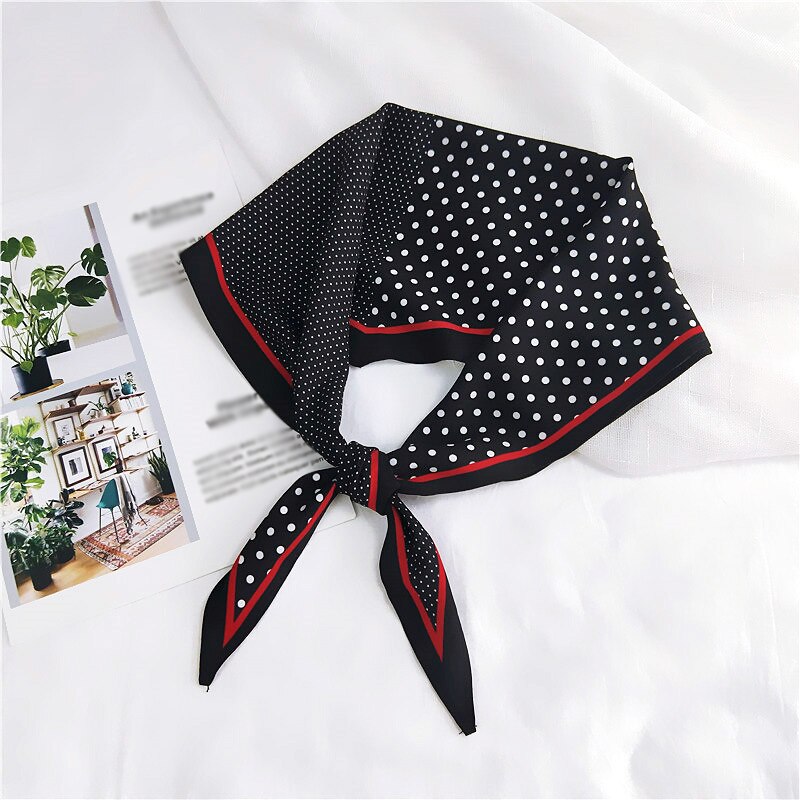 Polka Dot Spell Color Small Silk Scarf Women Rhombus Head Scarves Narrow Long DIY Handle Bag Ribbons Skinny Hair Neck Scarves: Black