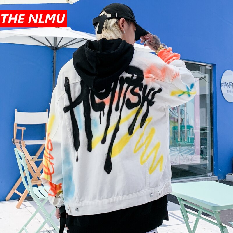 Graffiti Print Wit Denim Jassen Streetwear Hip Hop Casual Punk Rock Jeans Jas Jassen Uitloper Hipster Tops WQ173