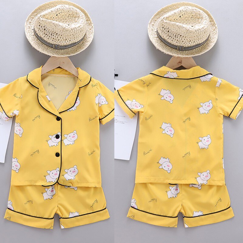 Barn pyjamas set flickor tecknad gris mönster nattdräkt barn tecknad nattkläder gul pyjamas barn bomull nattkläder 7