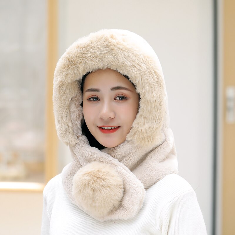 Zimowe grube czapki bombowiec ciepłe futra kobiety moda bombowiec kapelusze odkryty rosyjski czapka śniegowa czapki kask narciarski: Beige