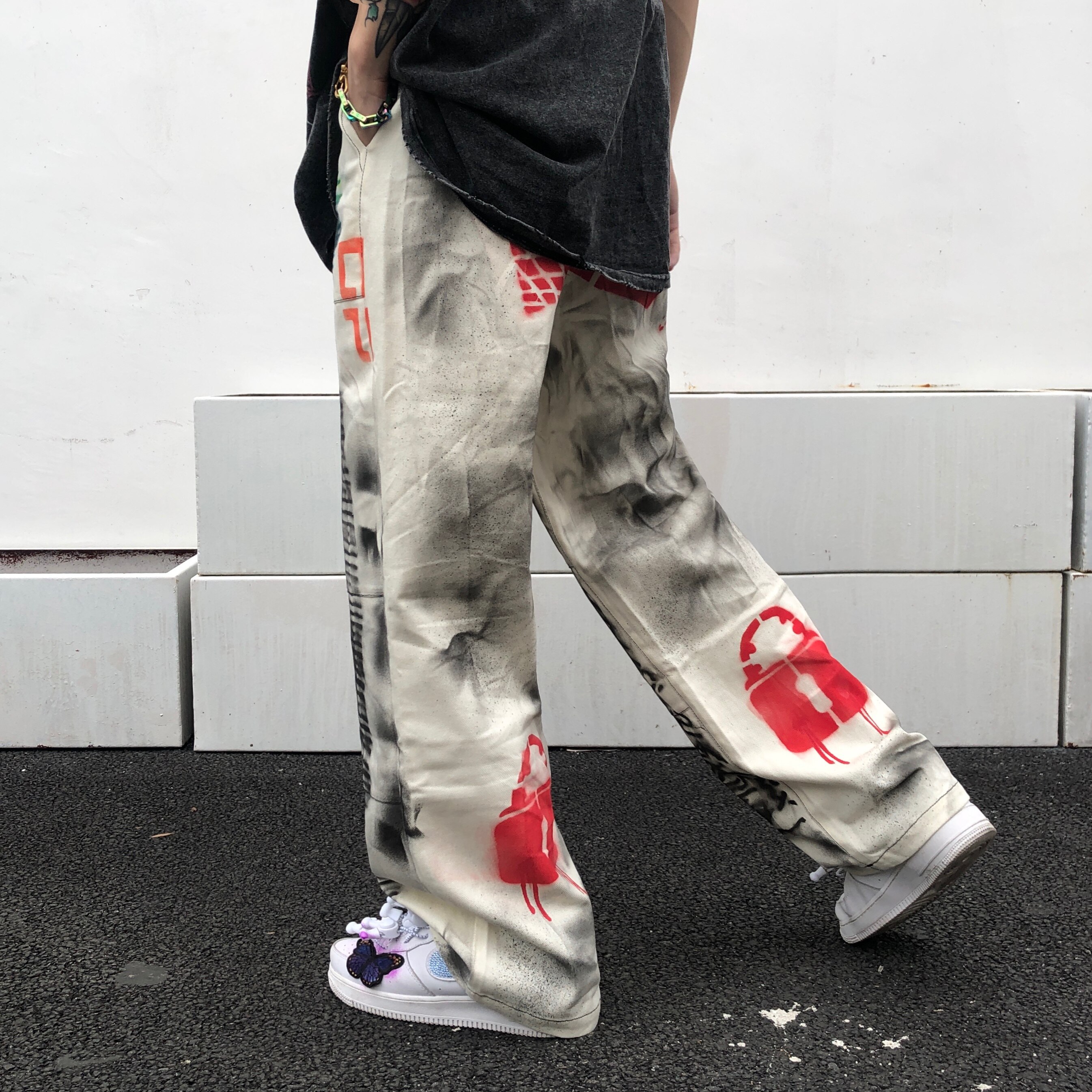 Uncledonjm streetwear mænd løs denim jeans graffiti vintage denim bukser harajuku joggers bukser  t2-a021