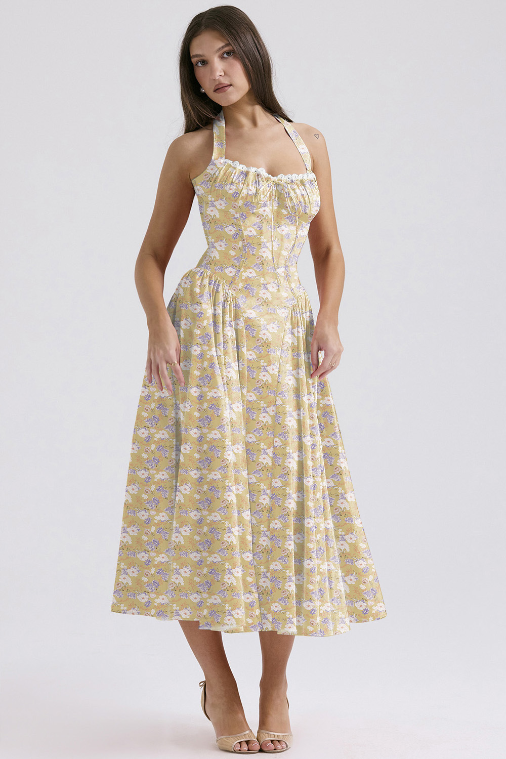 Vintage blomstret halterneck midi sommerkjole dame højtaljet pink blå sort rød kjole sommerkjoler kvinde fødselsdagskåbe: Xl / Militærgrøn
