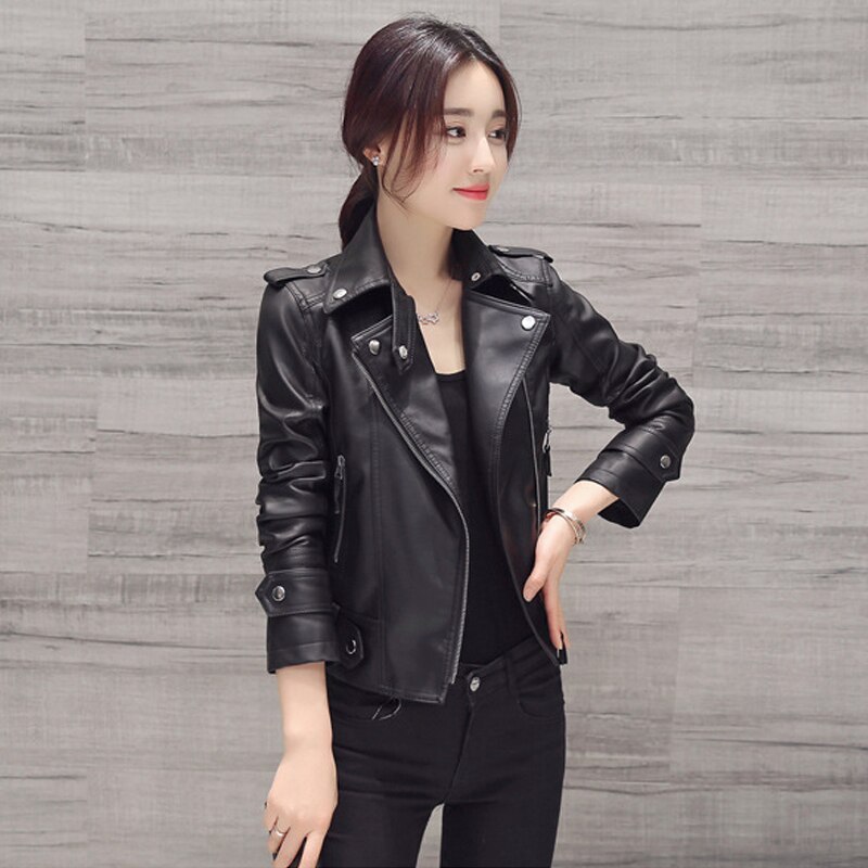 Chaqueta de cuero de otoño para mujer, chaqueta negra con cuello vuelto para mujer, prendas de vestir de Pu, abrigo clásico ajustado