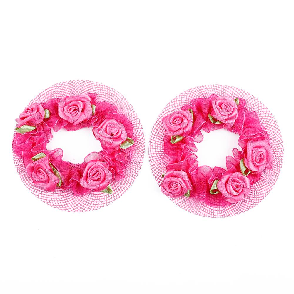 8.5cm Cute Flower Girls 2-5Pcs Bun Hair Nets Adjustable Kids 5 Colors Ballet Dance Examination Elastic Hair-net Styling Braider: fuchsia 2pcs