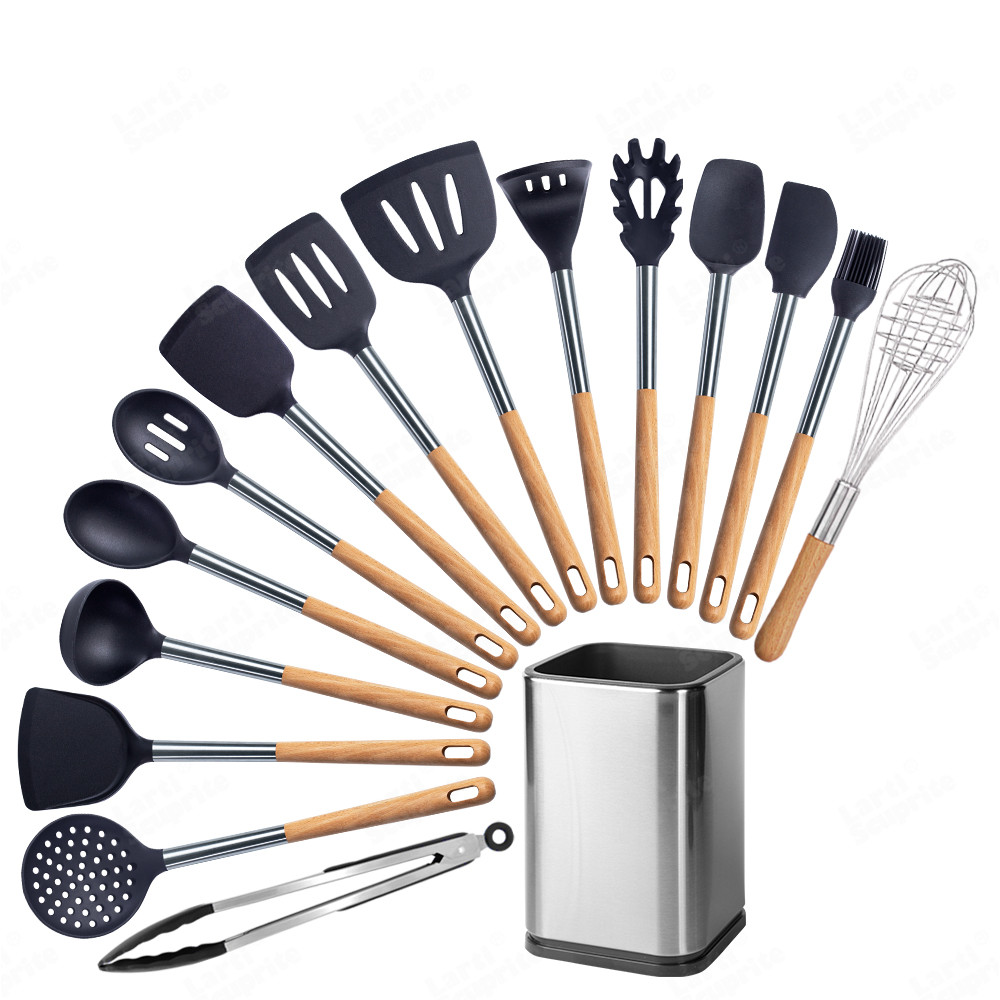 Kit d'ustensiles de cuisine en Silicone, ensemble d'outils de cuisine, accessoires allongés manche en bois massif, spatule cuillère Kit avec ustensiles de rangement: B16