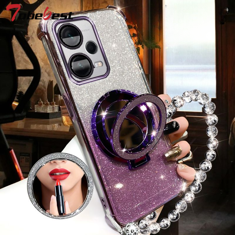 Étui pour Xiaomi Poco X5 Pro 5G, résistant aux chocs, placage de paillettes, Bracelet en cristal, miroir Magsafe, support de téléphone: Néoprène / Violet