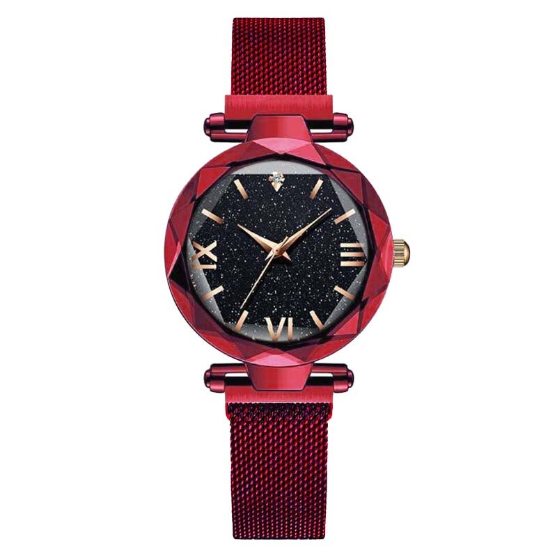 Luxe Vrouwen Horloges Mode Elegante Magneet Gesp Rose Gouden Dameshorloge Sterrenhemel Romeinse Cijfer Meisje Klok: Rood