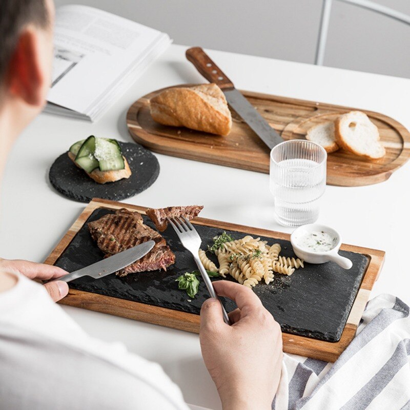 Klassiskt massivt trä mellanmål skiva träbricka svart skiffer brödplatta oval / rektangel träplatta västerländsk eller japansk mat