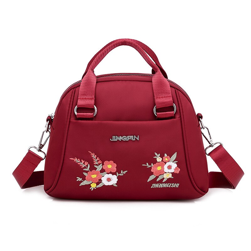 Summer Oxford Crossbody Bags Women Shoulder Bag Floral Embroidery Pattern Zip Wallet Handbag: 1Red