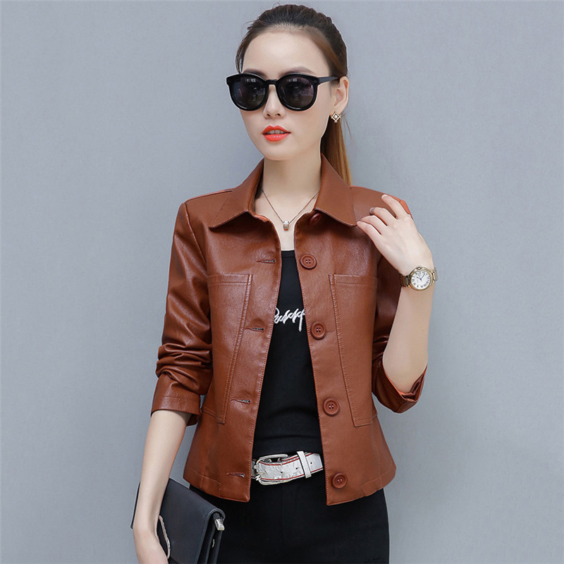 Skinnjacka dam caramel 3xl 4xl kort slim pu coat vår höst koreanska chic moto kläder  ld855: Kola / Xl