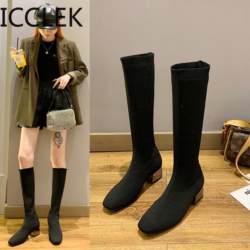 Chaussettes cuissardes tricotées bottes cuissardes femme talon carré tissu Stretch noir bottes hautes talon moyen bottes d'hiver
