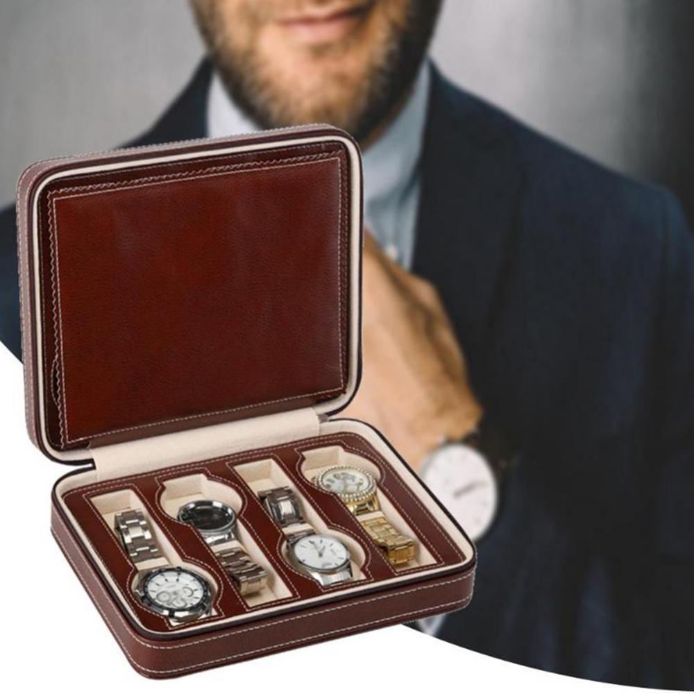 2/4/8 Grid Watch Jewelry Storage Box Faux Leather Zipper Multi-Functional Organizer Display Case Portable Watch Organizer