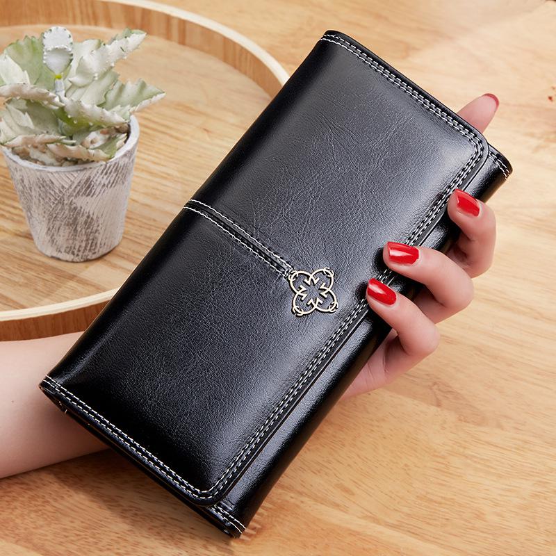 Women's Wallet Wax oil skin wallet portfel damski Lady Long Leather Clutch Bag Wallet Card Holder carteira feminina: Black