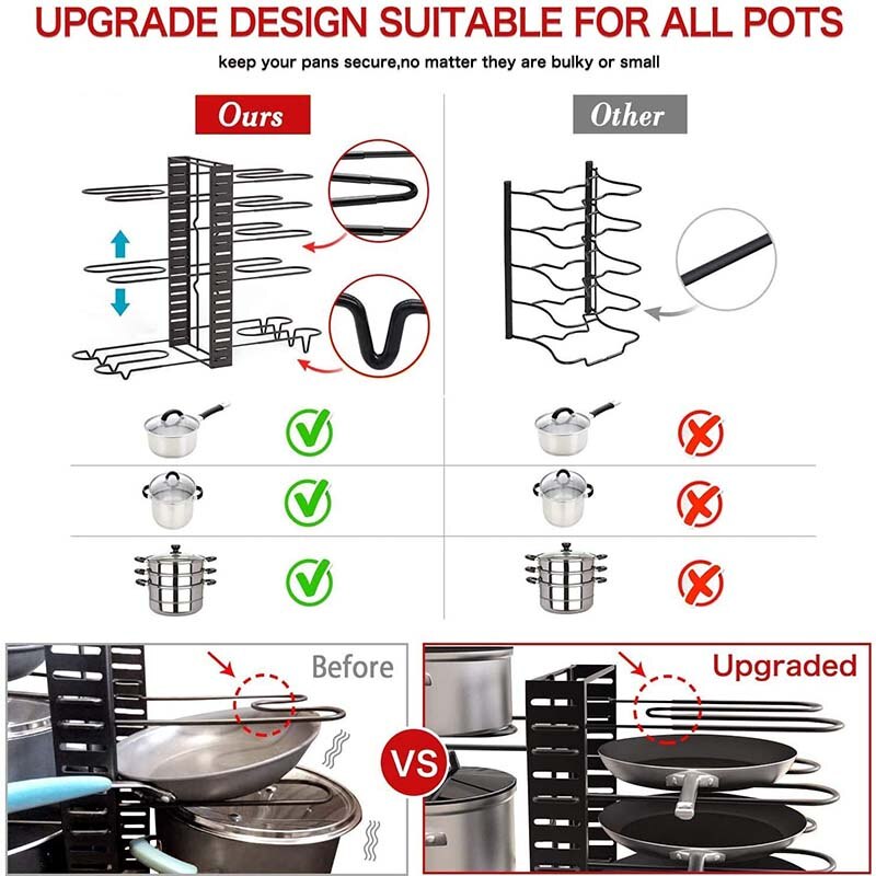 Pot and Pan Organizer for Cabinet Adjustable 8 Non-Slip Tiers Pot Rack with 3 DIY Methods Kitchen Organizer Rack for Pots &amp; Pans