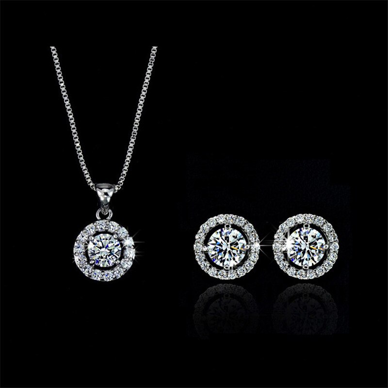 Klassieke Vrouwelijke White Crystal Sieraden Set Charm Goud Zilver Kleur Stud Oorbellen Voor Vrouwen Dainty Ronde Bruiloft Collier: 01