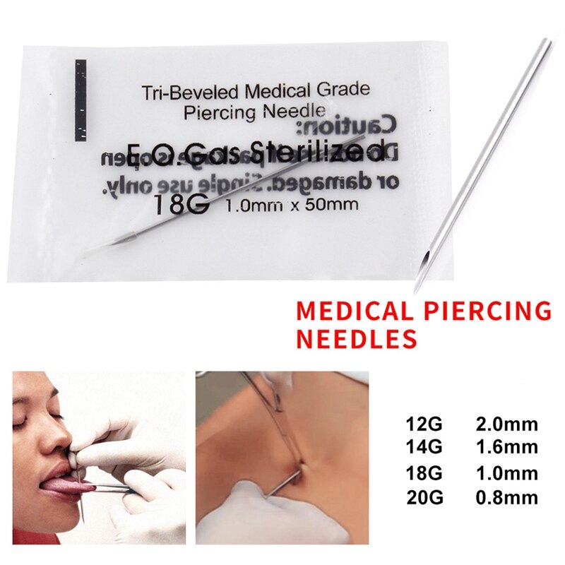 Agujas para Piercing corporal estériles desechables, agujas para hacer tatuajes y piercings para ombligo y pezón, para oreja, nariz y labio, 100 Uds.