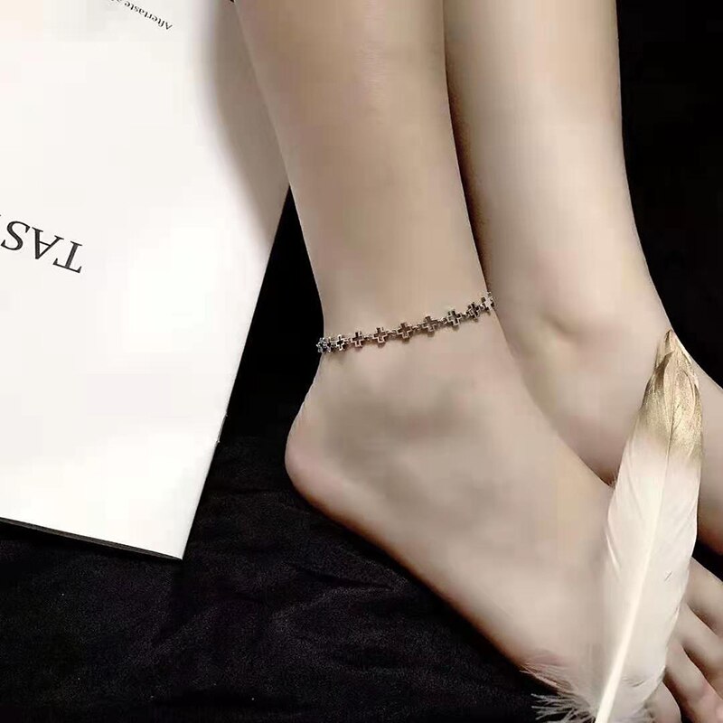 Female trend hollow cross stitching S925 sterling silver anklet original brand jewelry exquisite