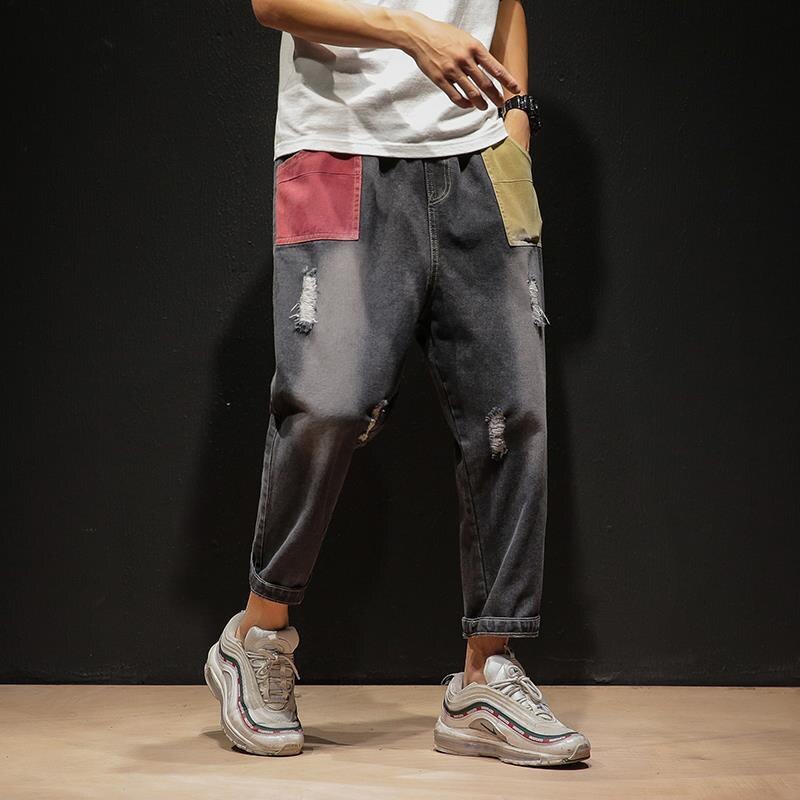 Raka jeans för män plus-size 5xl hål i japansk stil slitna hiphop snygga patchwork lösa byxor herr all-match chic: N336- svarta / Xxxl