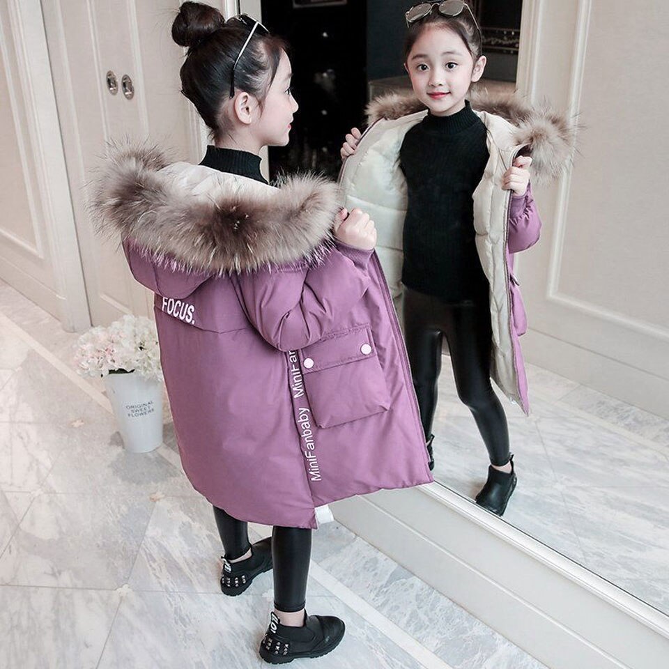 Kinderen Winter Beneden Katoenen Jas Meisje Kleding Kinderkleding Warme Dikke Parka Bontkraag Capuchon lange Jassen 4-12Y