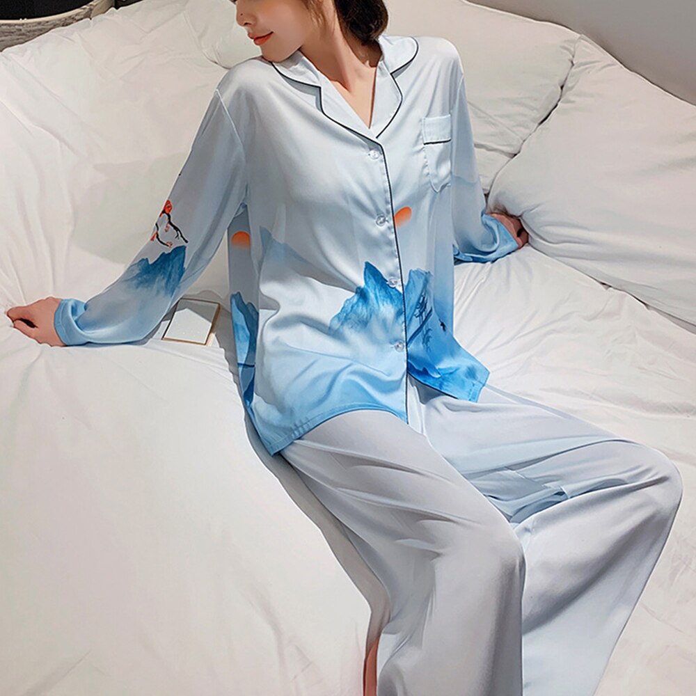 ChunShang Pajamas Women Ice Silk Long-Sleeved Two-Piece Cardigan Korean Style Simple Summer Home Service