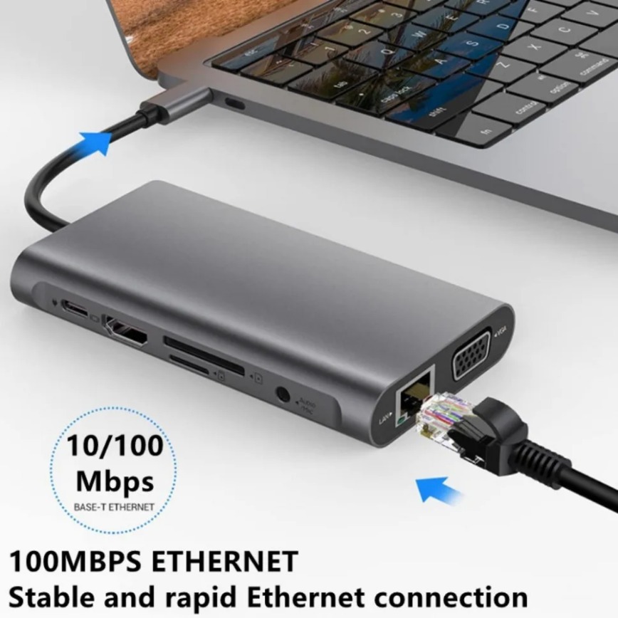 Usb-c-hub 11- -i- -1 type-c-dokkingstasjon med 4k type-c til hdmi-kompatible vga 100 mbps ethernet 100w pd usb 3.0 tf/ sd-kortleser