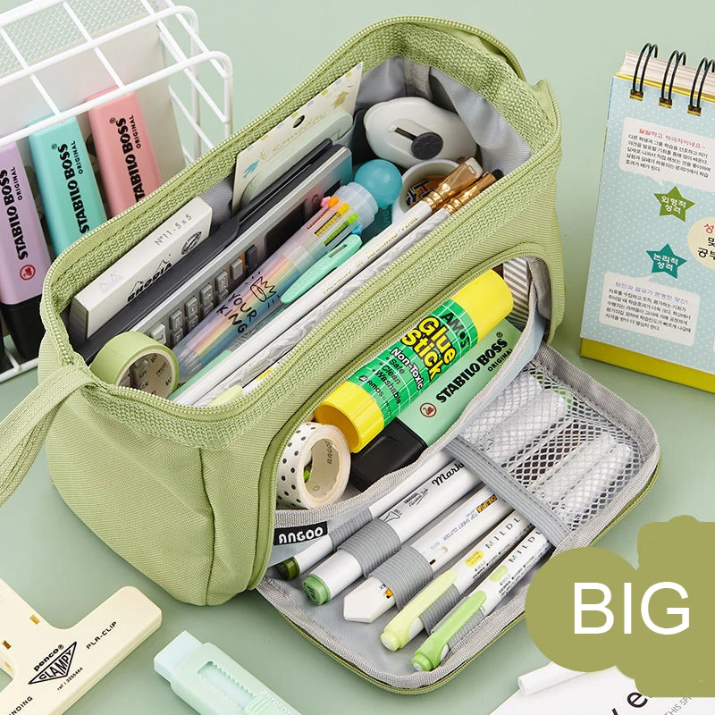Angoo Cute Pencil Case Special Macaron Color Side Window Canvas Big Pencil Pouch Pen Box Storage Bag Student School Stationery