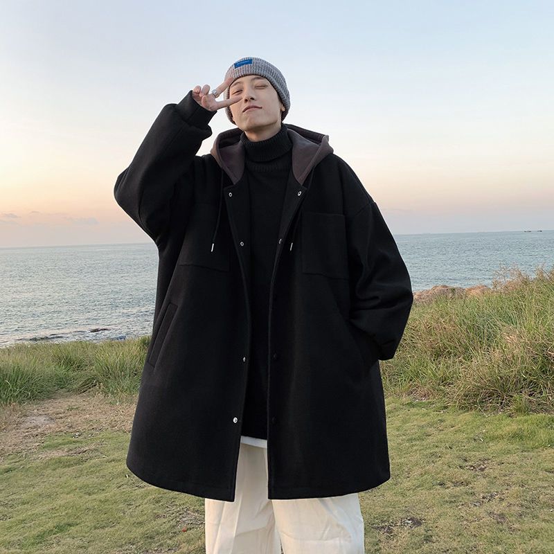 Hong Kong style handsome unisex mid-length windbreaker Hooded woolen coat men winter clothe thick loose casual jacket
